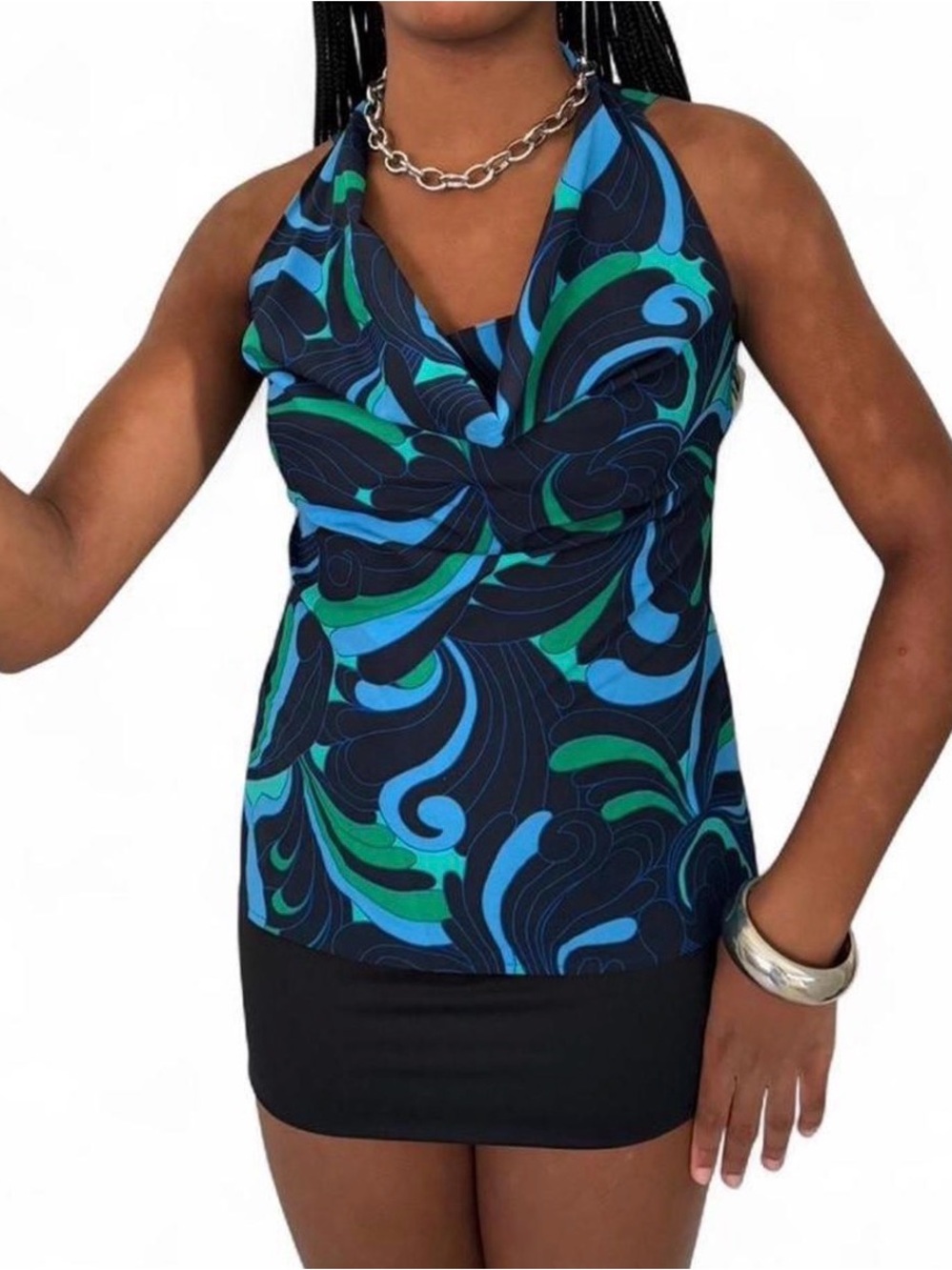 Ann Taylor Blue Green Black Swirl Halter Tank Top